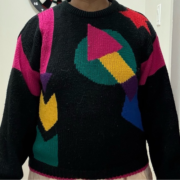 Vintage Sweaters - Vintage Black Sweater with Bold Geometric Design